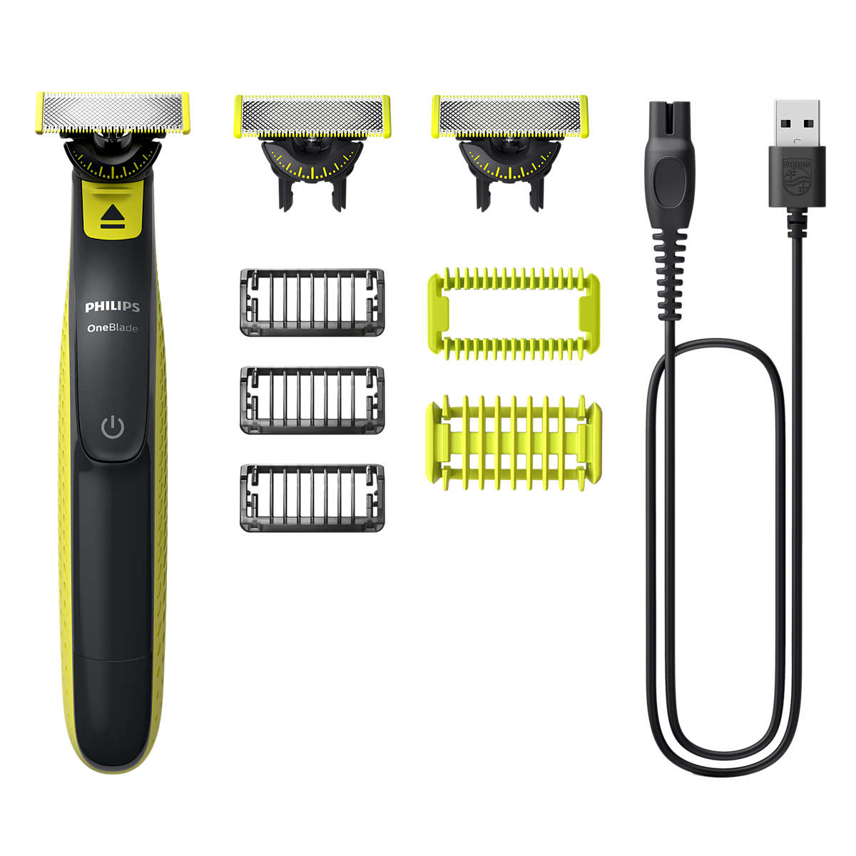 Philips OneBlade 360 Face & Body QP2824/31 mit drei 360-Klingen, drei Trimmaufsätzen, zwei Körperaufsätzen und USB-Kabel