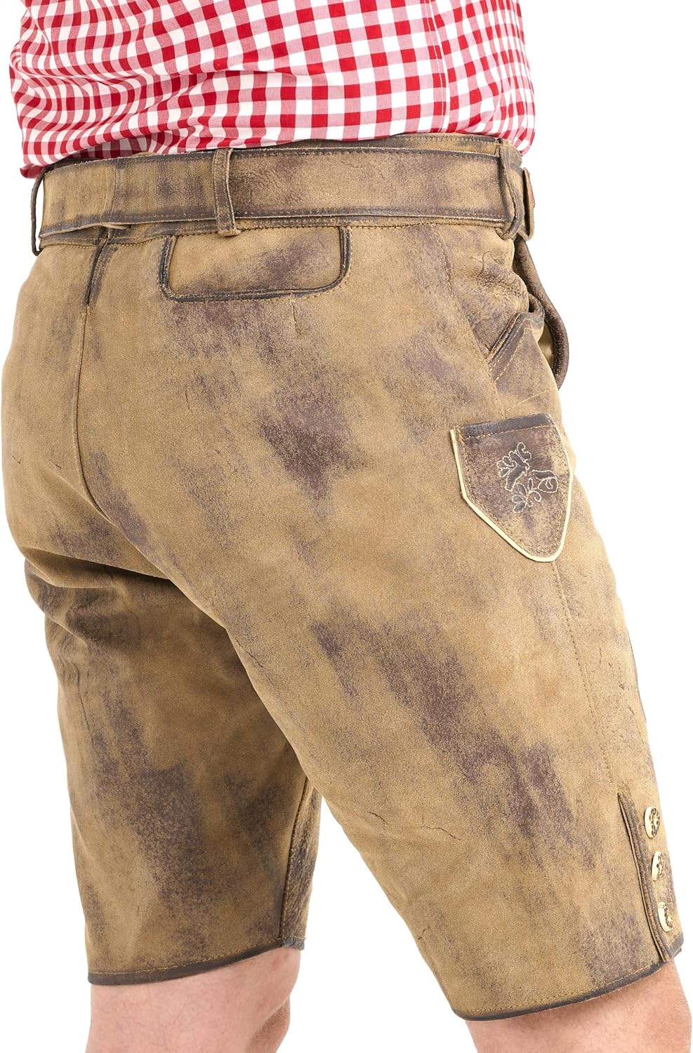 Rückansicht der Trachtenlederhose mit Gesäßtasche und verzierter Messertasche an der Seite